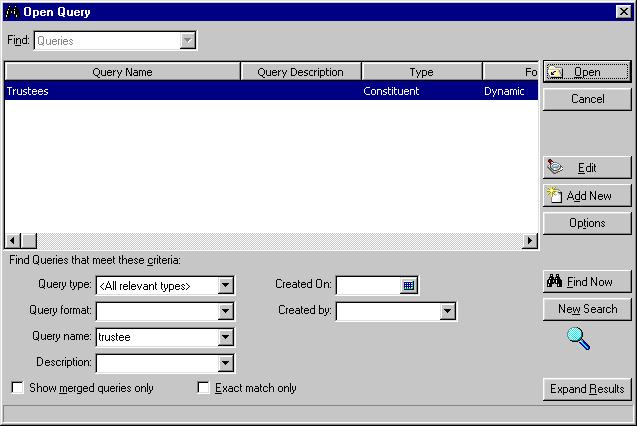 CREATING CUSTOM CRYSTAL REPORTS TUTORIAL 7 7. Because you want to export only your trustees records, choose Selected Records. The Open Query screen appears. 8.