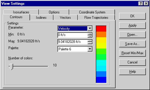 Flow Trajectories COSMOSFloWorks 2004 Tutorial 5 Click View Settings. 6 In the View Settings dialog box, change the Parameter from Pressure to Velocity.