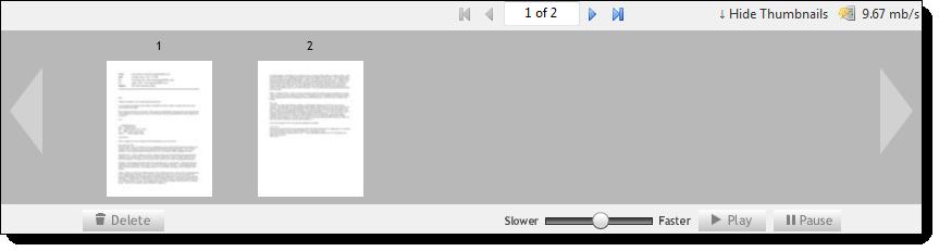 If the document you are working with contains more pages than can be displayed in one set, the arrow to the right of the thumbnails turns blue and displays the text Next Set.