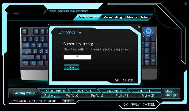 How to configure the keyboard 1. Main Control Exchange Key / Keys Programmables Click the keys of the keyboard layout showing in the software product photo and it will pop up a dialogue box.