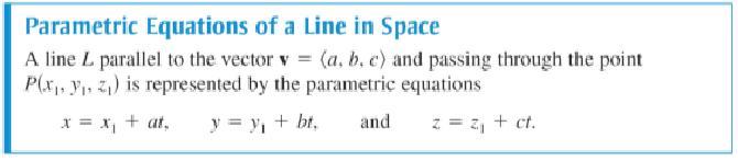 Lines in Space By equating corresponding components, you can obtain the parametric equations of a line in space.