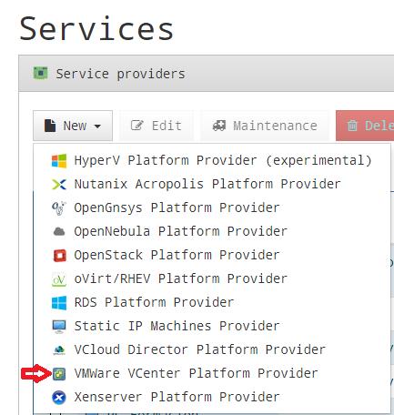Configure "Service Providers" This is an example of creating a Service Provider of type VMware vcenter.