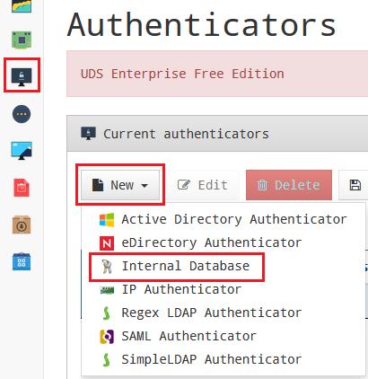 In "Authenticators", click on "New" and select "Internal Database": Once you have created the authenticator of type "Internal Database", you