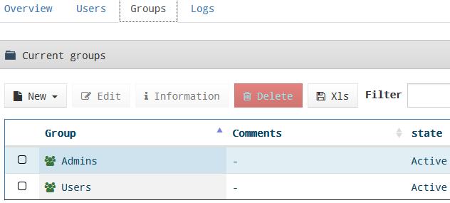 In this example we have created two user groups (one for users and one for administrators):