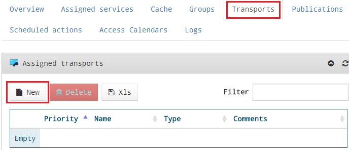 To assign transport services and how users can connect to your desktop, select the "Transports" tab (previously selecting the "Service Pool")