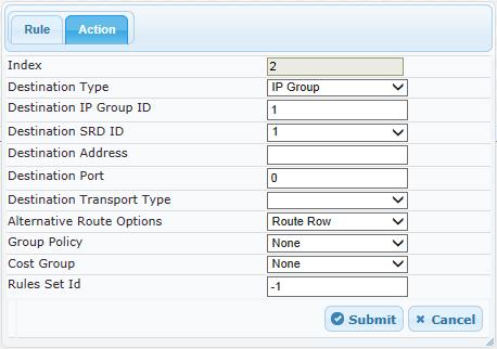 Click the Action tab, and then configure the parameters as follows: Parameter Value Destination Type Destination IP Group