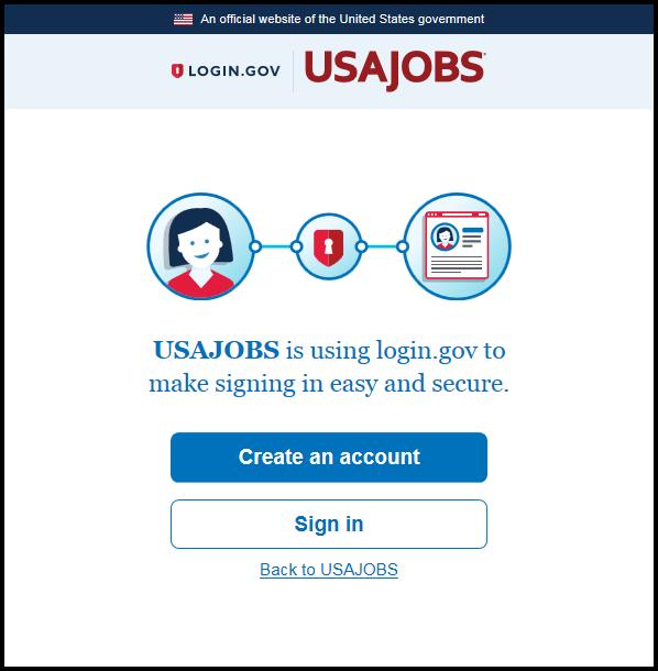 4. Click on Create an account. Image3: USAJOBS Login.gov account page. 5.
