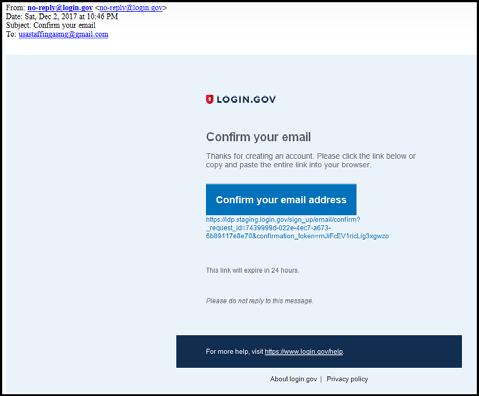 6. You will receive an email from no-reply@login.gov to confirm your email address. To proceed, open the email and click on the Confirm your email address button.