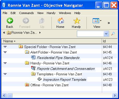 Each user in Objective has their own Handy folder located in their Home folder. It is recommended you to store aliases (shortcuts) to frequently used content in your Handy folder.