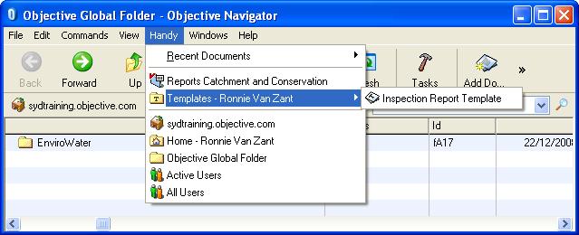 The quickest way to access the Handy folder in the Objective Navigator is to click the Handy button on the Objective Navigator toolbar.