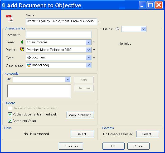 Note: When adding more than one document, the Add Multiple Objects window opens before the Add Document to Objective window.