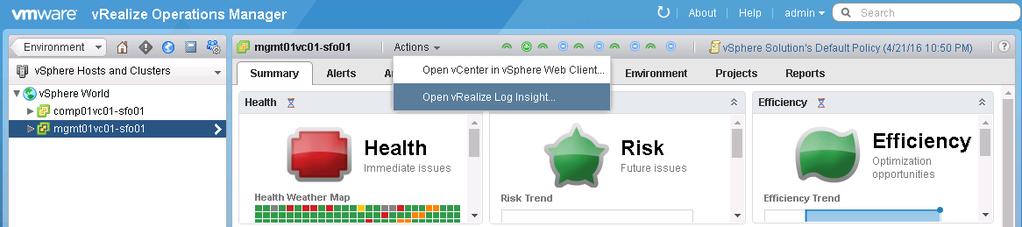 (Optional) Verify that you can open vrealize Log Insight from vrealize Operations Manager and you can query for selected objects. a. Open a Web browser and go to https://vrops-cluster-01.rainpole.