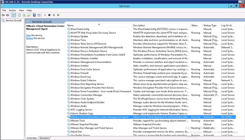 3. Verify the status of IaaS Web Server services. a. From the Windows Start menu, select Administrative Tools > Services. b.