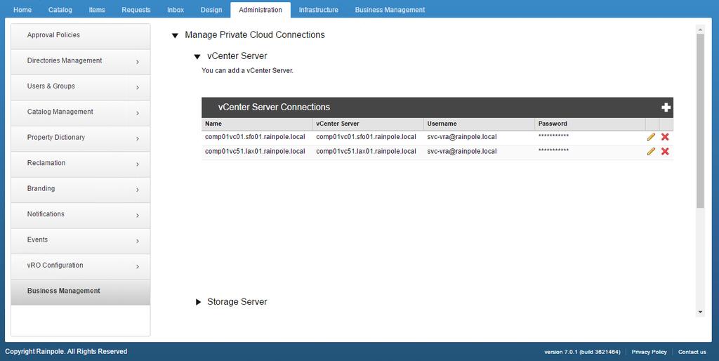 8. Verify the connection between the vrealize Business Server and the vrealize Business Data Collector. a. On the Business Management page, expand Manage Data Collector > Manage Virtual Appliances.