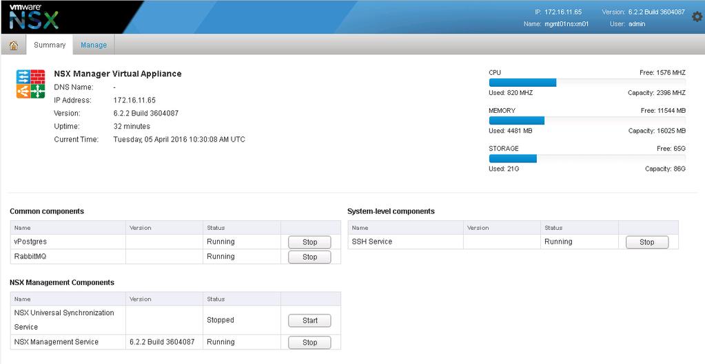 User Name Password admin mngnsx_admin_rega_password In the NSX Manager appliance user interface, click View Summary.