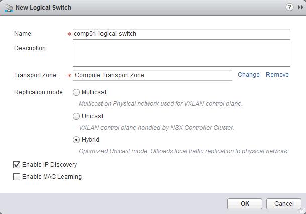 b. On the Logical Switches page, select 172.16.11.66 from the NSX Manager drop-down menu. c. Click the New Logical Switch icon. d. In the New Logical Switch dialog box, enter the following settings, and click OK.