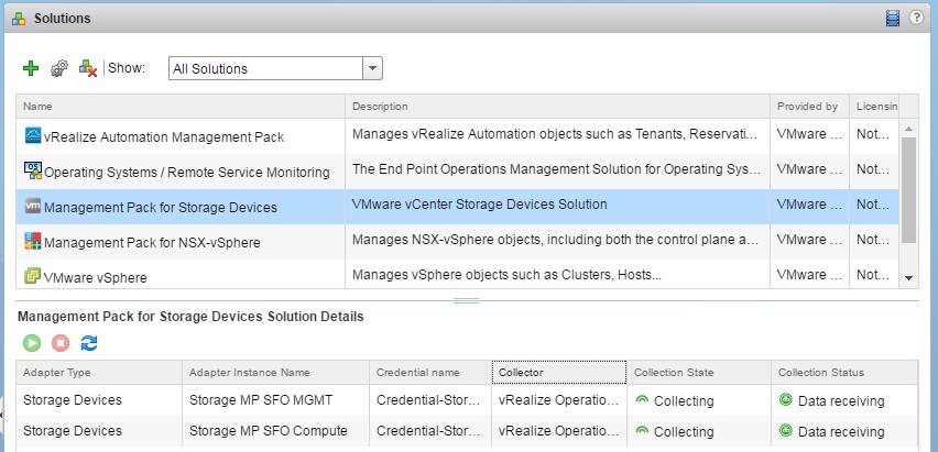 a. In the left pane of vrealize Operations Manager, click Home and select Administration > Solutions. b.