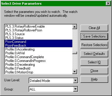 The Select Drive Parameters window, as seen in Figure 127, allows the user to specify which parameters are to be viewed in the Watch Window.