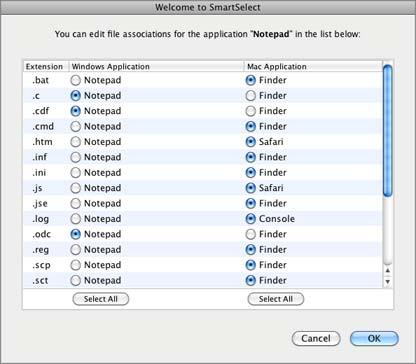 Integrating Mac OS and Virtual Machine 162 3. A list of SmartSelect file associations will open.
