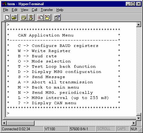 5. CAN (controller area network) Application Menu Binary mode: A character c is sent to the host. 5.1. Command C Command C will let you configure the Baud rate registers for PIC18F258.