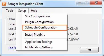 If the integration client is already installed and you wish to update or add a schedule, select Schedule Configuration from the Setup dropdown. 3.