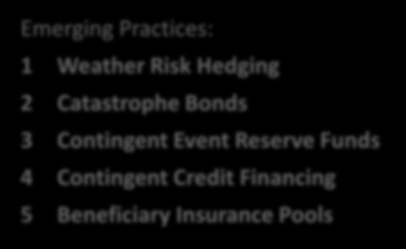 Emerging Practices: 1 Weather Risk Hedging 2 Catastrophe Bonds 3 Contingent Event Reserve Funds 4 Contingent Credit