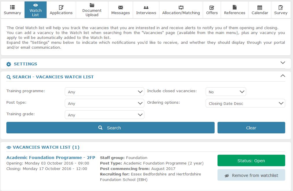 Fig 9.4 Watch list tab in the dashboard In Watch List section of this screen, you can see all the vacancies that you have already added to the watch list.
