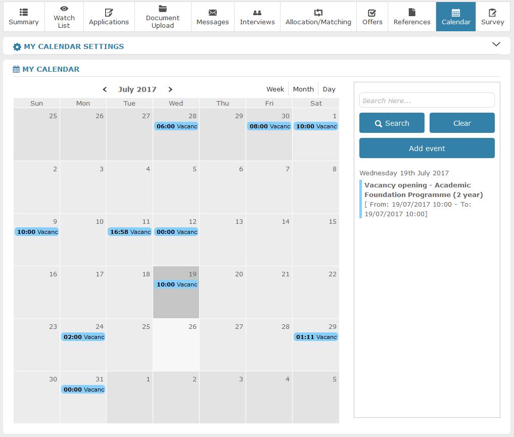 19 Using Your Calendar The My Calendar tab within your dashboard provides you with the ability to view import events that are coming up.