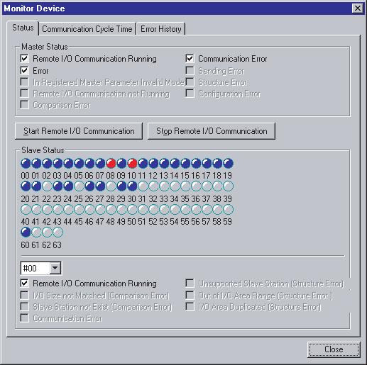 Monitoring Devices Section 5-4 Status Tab The Status Tab Page displays the status of the master and slaves in remote I/ O communications. Master status Starts remote I/O communications.