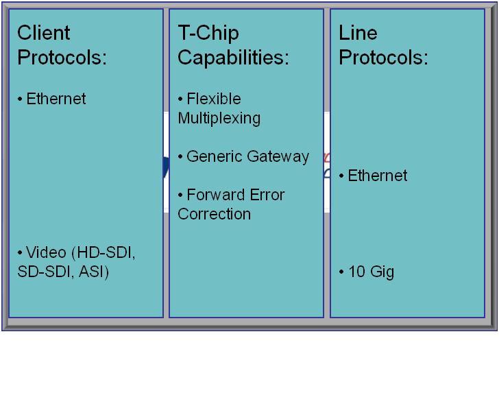 The Flexibility of the T-Chip Bringing Cost Effective Solutions to you Quickly Client Protocols: Ethernet SONET/SDH Fiber Channel ESCON T-Chip Capabilities: Flexible Multiplexing Generic