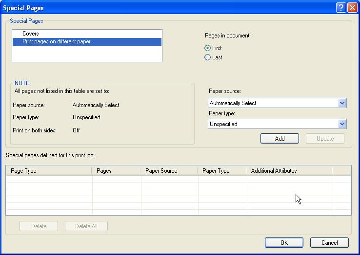 3 In the Special pages section, select Print pages on different paper. 3 Click on Settings, select First or Last.