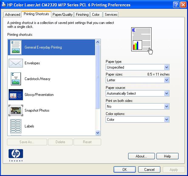 Open the printer driver Open the printer driver On the File menu in the software program, click Print. Select the printer, and then click Properties or Preferences.