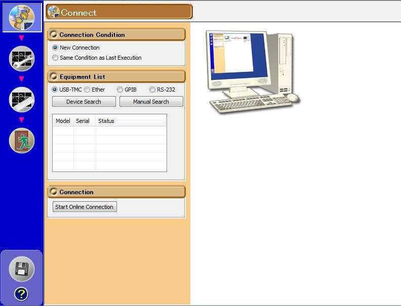 Chapter 4 WT-PC Communication 4.1 Configuring a New Set of WT-PC Communication Parameters (New connection) 1. Click in the menu area. The Connection screen appears.