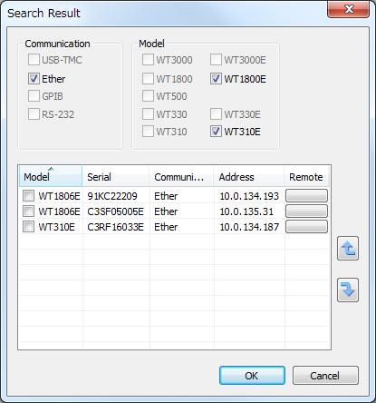 4.1 Configuring a New Set of WT-PC Communication Parameters (New connection) 6. Set the search conditions, and click Device Search. A Search Result dialog box appears.
