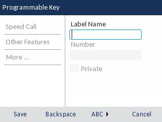 In the Label Name field, enter a label for the key using the on screen keyboard. 4. Tap the Number field and enter a number using the dial pad keys. Remember to use 8 for outbound calls 5.