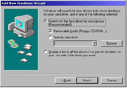 5 Windows Configuration 5.1 Windows Millennium 1. After inserting the DSC-100 for the first time the "Add New Hardware Wizard" will begin. Select "Search for the best driver for your device.". Check the "Removable media" and "Specify location" box.