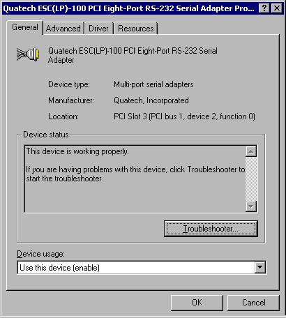 4. Open the Properties dialog for the DSC-100 device, then click the Resources tab to view the Input/Output Range and Interrupt Request resource allocations.