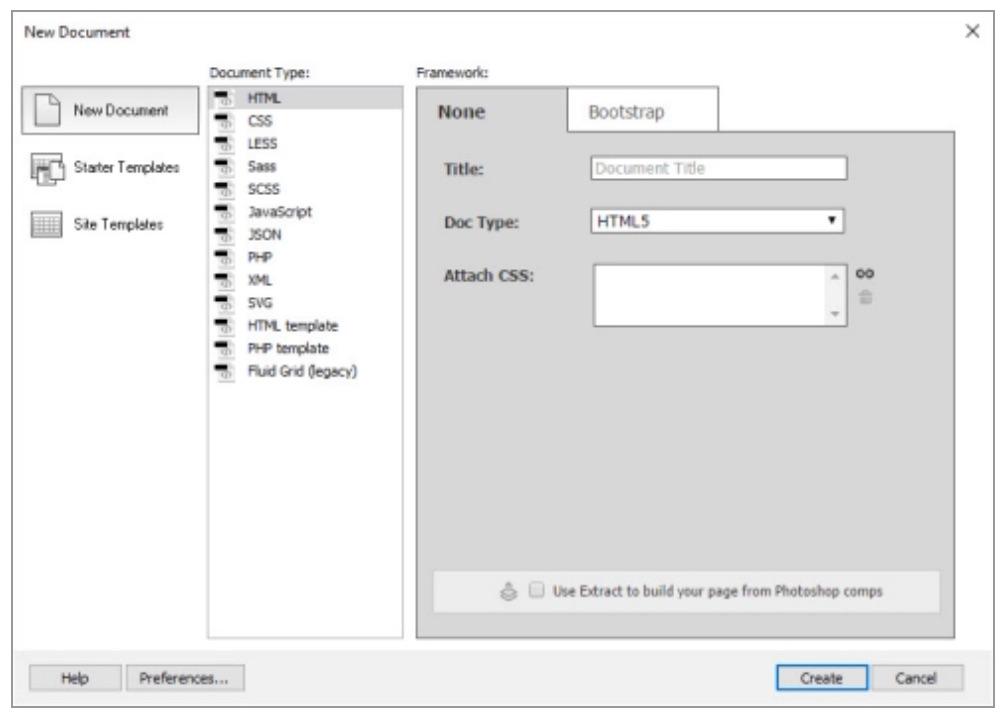 Create New Web Page In Dreamweaver, use File>New to open New Document dialog box.