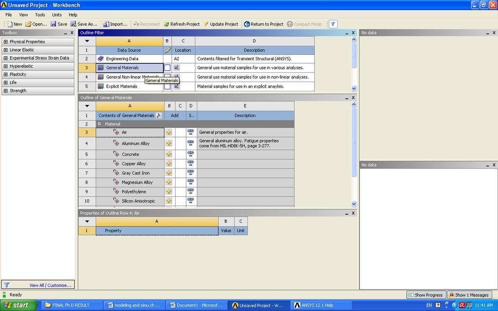 schematic. The analyst can select edit from the engineering data cell's menu, or opt to double-click the cell. Subsequently, the engineering data workspace appears.