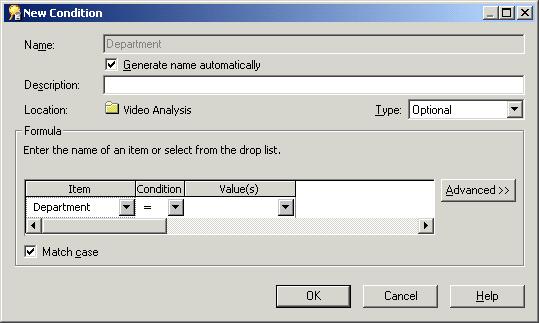 Lesson 8: Designing a complex folder Figure 9 3 New Condition dialog Note: The Item field already displays Video Analysis.Department.