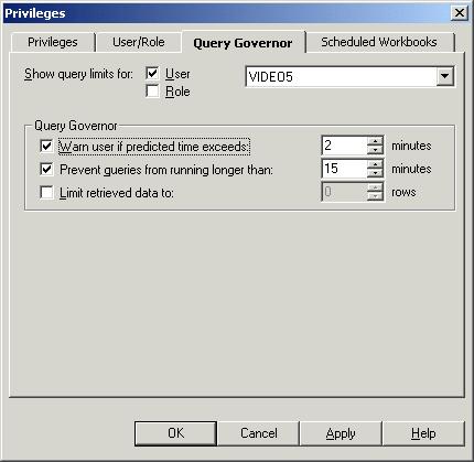 Lesson 3: Granting access privileges Exercise 3: Using the Privileges dialog: Query Governor tab In this exercise you will set query limits for the database user VIDEO5.