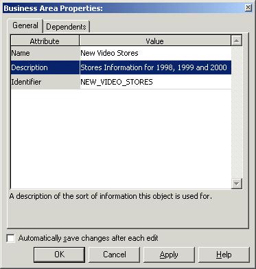 Lesson 4: Modifying the business area Figure 5 1 Business Area Properties dialog 4. Click the Description field and type Stores Information for 1998, 1999 and 2000. 5. Click OK.