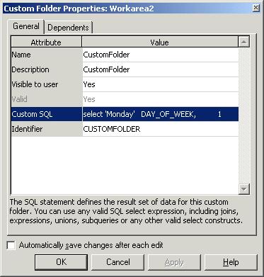 Lesson 5: Working with custom folders 2. Choose Edit Properties to display the Custom Folder Properties dialog. The Custom SQL field displays the SQL statement that defines the folder.