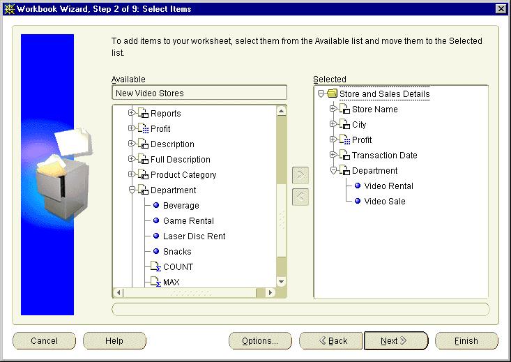 Lesson 7: Customizing items Figure 8 12 Workbook Wizard - selecting item values from a list of values in Discoverer Plus When you create a worksheet, the end user creates a condition by selecting the
