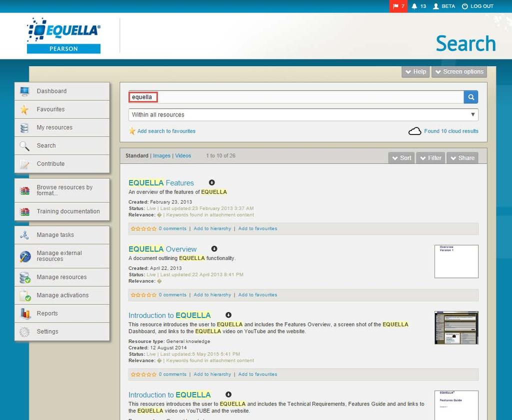 Figure 14 Search page with search results Search page The Search page enables the user to search resources using simple keyword searches, but also provides the ability to search within particular