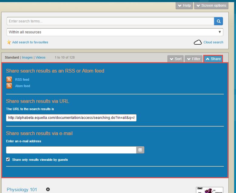 Figure 39 Share search results dialog Share search results as an RSS or Atom feed selecting the RSS feed or Atom feed link will display a subscription page.