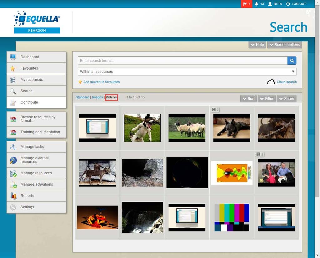 Figure 43 Videos view The Search box can still be used to enter search criteria or restrict searches to specific collections or advanced searches, but the results show in a thumbnail format.