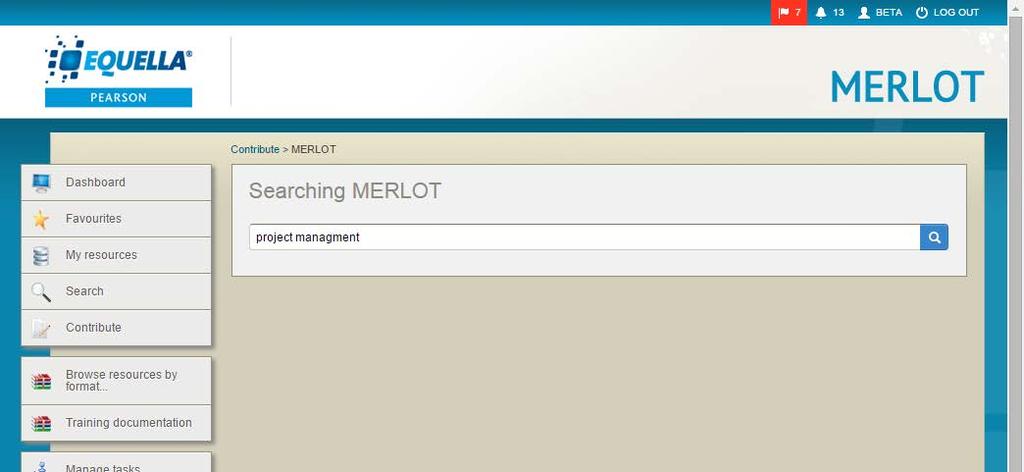 The MERLOT searching page opens. An example is shown in Figure 47. Figure 47 MERLOT Searching page 2. Enter search terms (e.g. Project management) and click to return matching results.