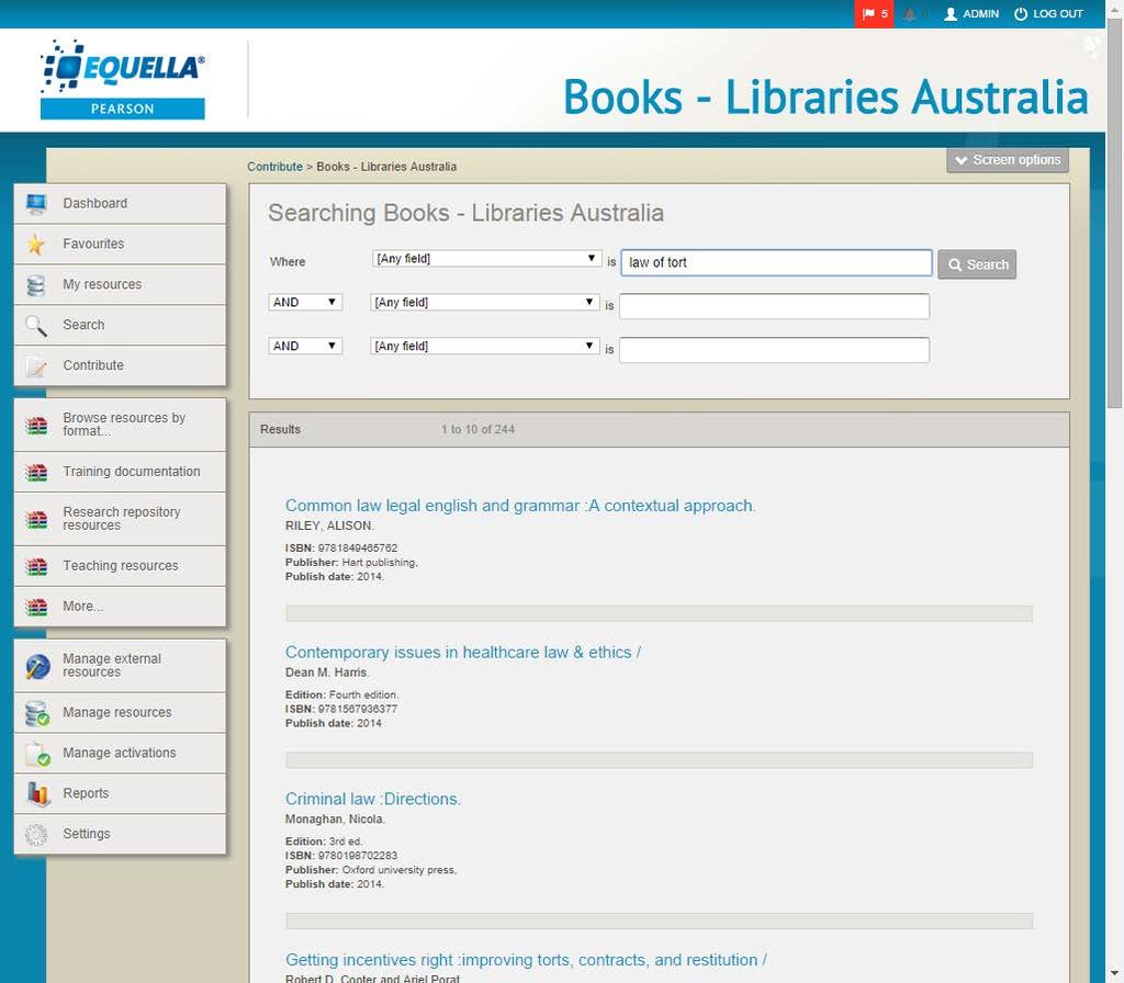 Figure 49 Libraries Australia search results page (NOTE: there are no sort or filter options for this type of remote repository search.