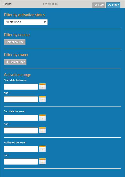Figure 71 Manage activations filter pane From the Manage activations results pages, the